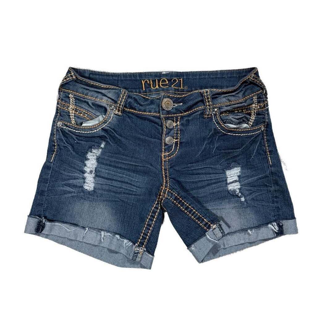 rue21 Distressed Denim Jean Shorts with Rhinestone Pockets Y2K
